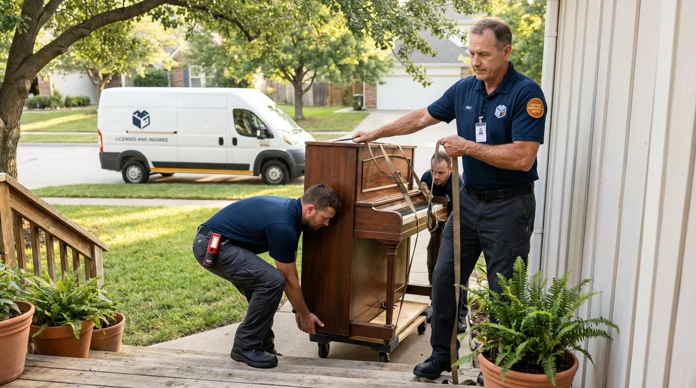 Licensed piano movers securing grand piano in Milwaukee, WI