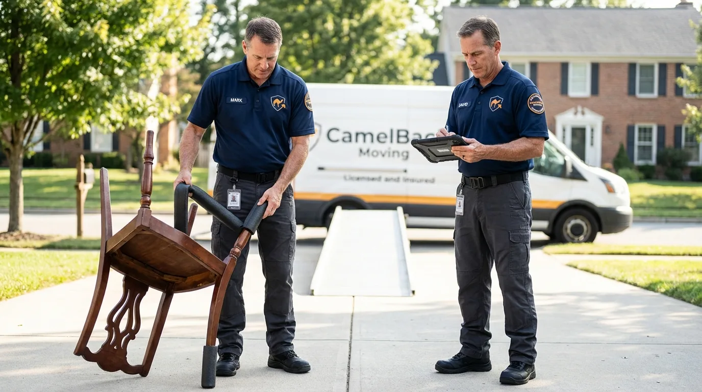 Movers inspecting furniture for damage prevention before loading in Milwaukee, WI