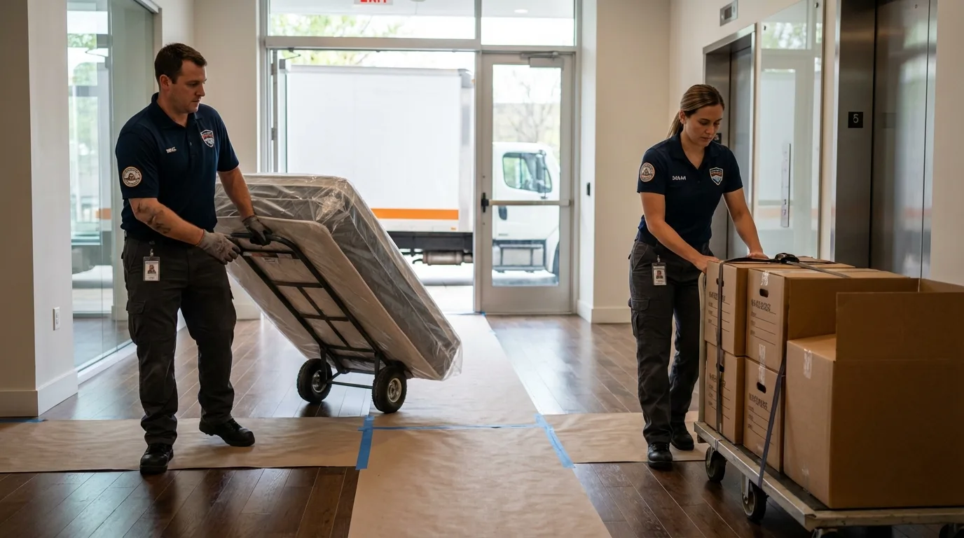 Professional apartment movers loading elevator in Milwaukee, WI